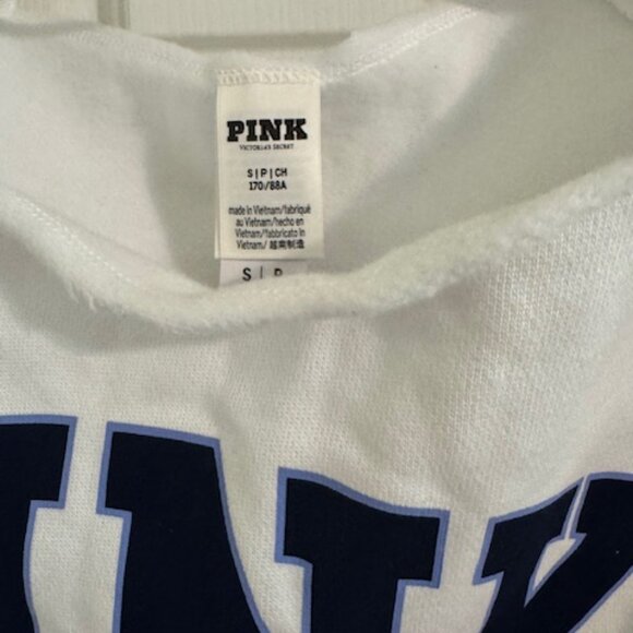 Victoria's Secret PINK Varsity Off-the-Shoulder Sweatshirt in White w/Blue Logo - Picture 2 of 7